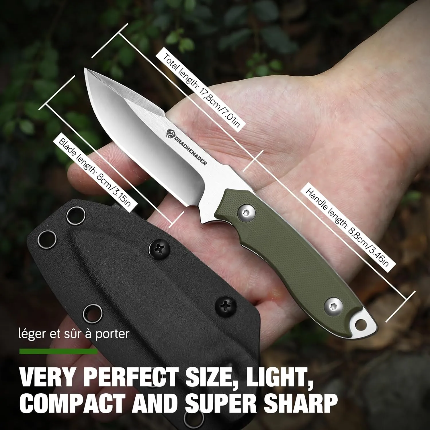Small Fixed Blade Knife 7 inch Tactical Knife EDC D2 Steel with Kydex Sheath, G10 Handle, Clip Lock and Gift Box, Versatile for Horizontal and Vertical Carry