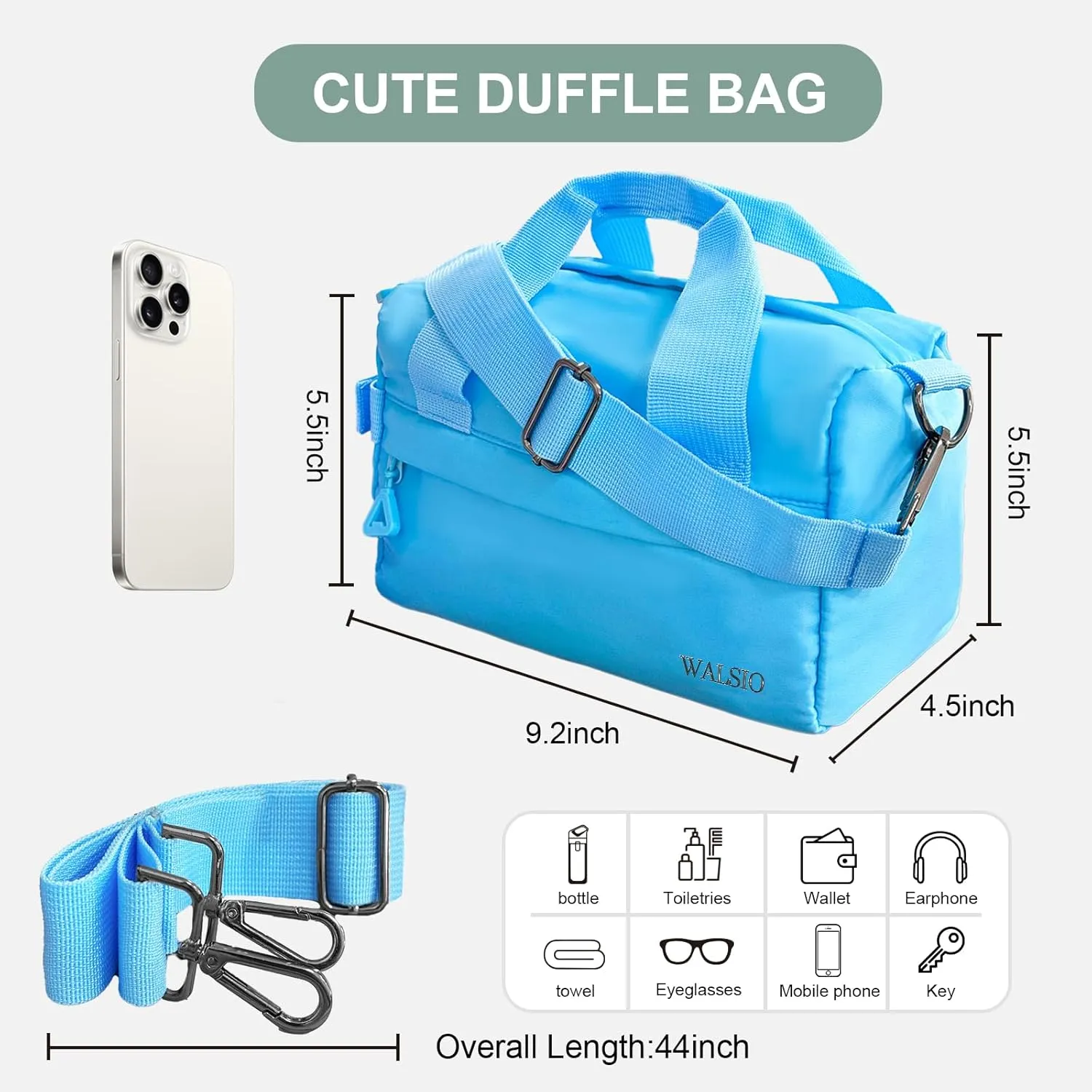Small Gym Bag 9 inch, Mini Duffle Bag with Adjustable Strap, Lightweight Carry On Sport Bag for Women Girls (Light Blue)