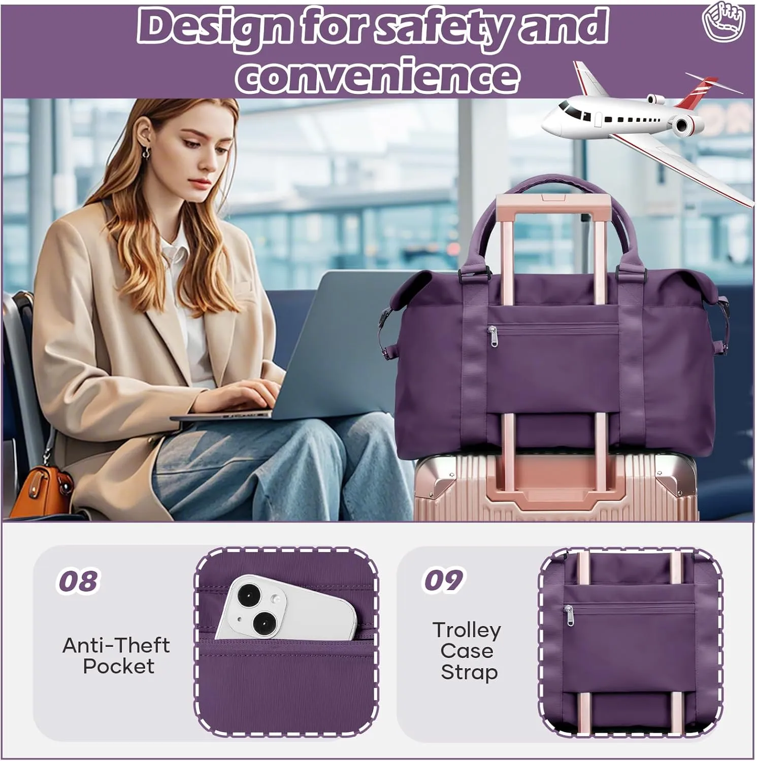 Small Gym Bag for Women, Dark Purple Stylish Duffle Travel Bag for Plane, Lightweight Duffle Bag for Women, Sport Gym Tote Bag with Wet Pocket for Yoga, Pilates, Swimming