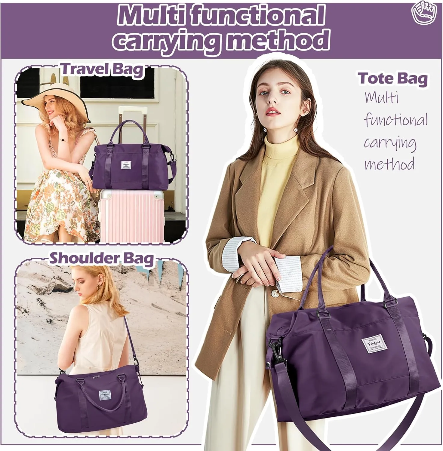 Small Gym Bag for Women, Dark Purple Stylish Duffle Travel Bag for Plane, Lightweight Duffle Bag for Women, Sport Gym Tote Bag with Wet Pocket for Yoga, Pilates, Swimming