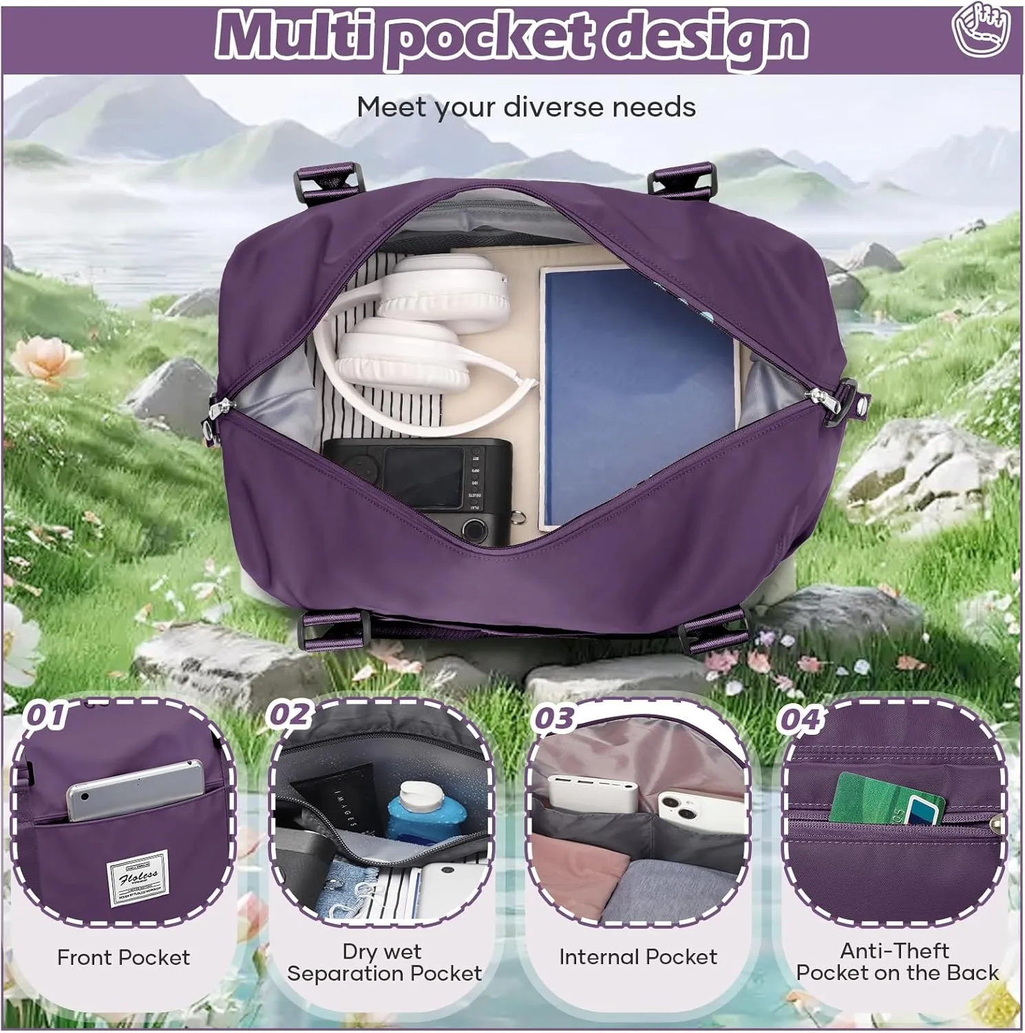 Small Gym Bag for Women, Dark Purple Stylish Duffle Travel Bag for Plane, Lightweight Duffle Bag for Women, Sport Gym Tote Bag with Wet Pocket for Yoga, Pilates, Swimming