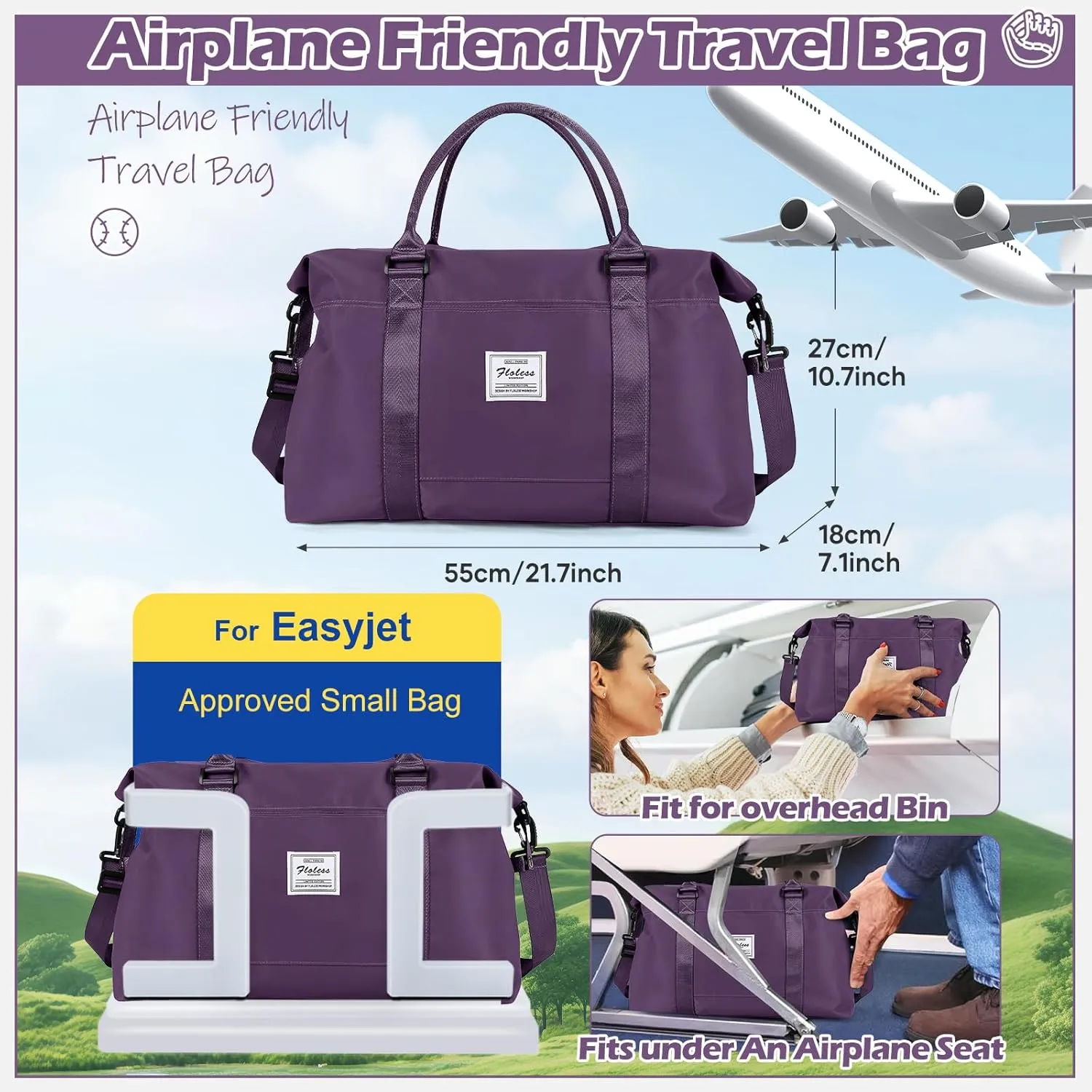 Small Gym Bag for Women, Dark Purple Stylish Duffle Travel Bag for Plane, Lightweight Duffle Bag for Women, Sport Gym Tote Bag with Wet Pocket for Yoga, Pilates, Swimming