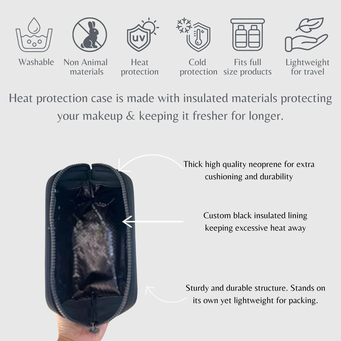 Small heat-resistant makeup bag, beauty case. Insulated cosmetic bag helps protect makeup from melting, spoiling and expiring quickly. Heat proof makeup bag for car