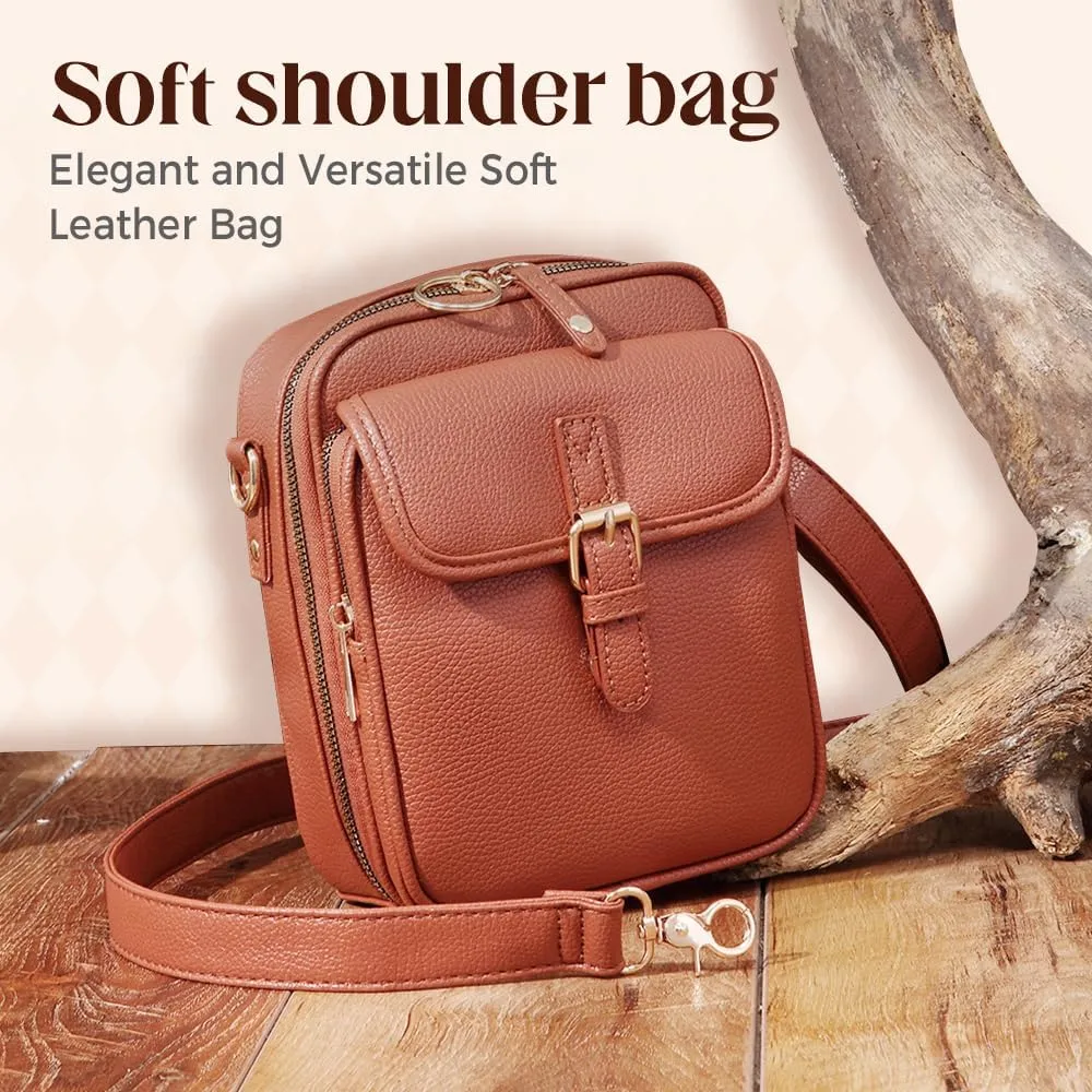 Small Lightweight Crossbody Leather Bag, Retro Adjustable Strap Double-Layer Large Capacity small Crossbody Bags for Women