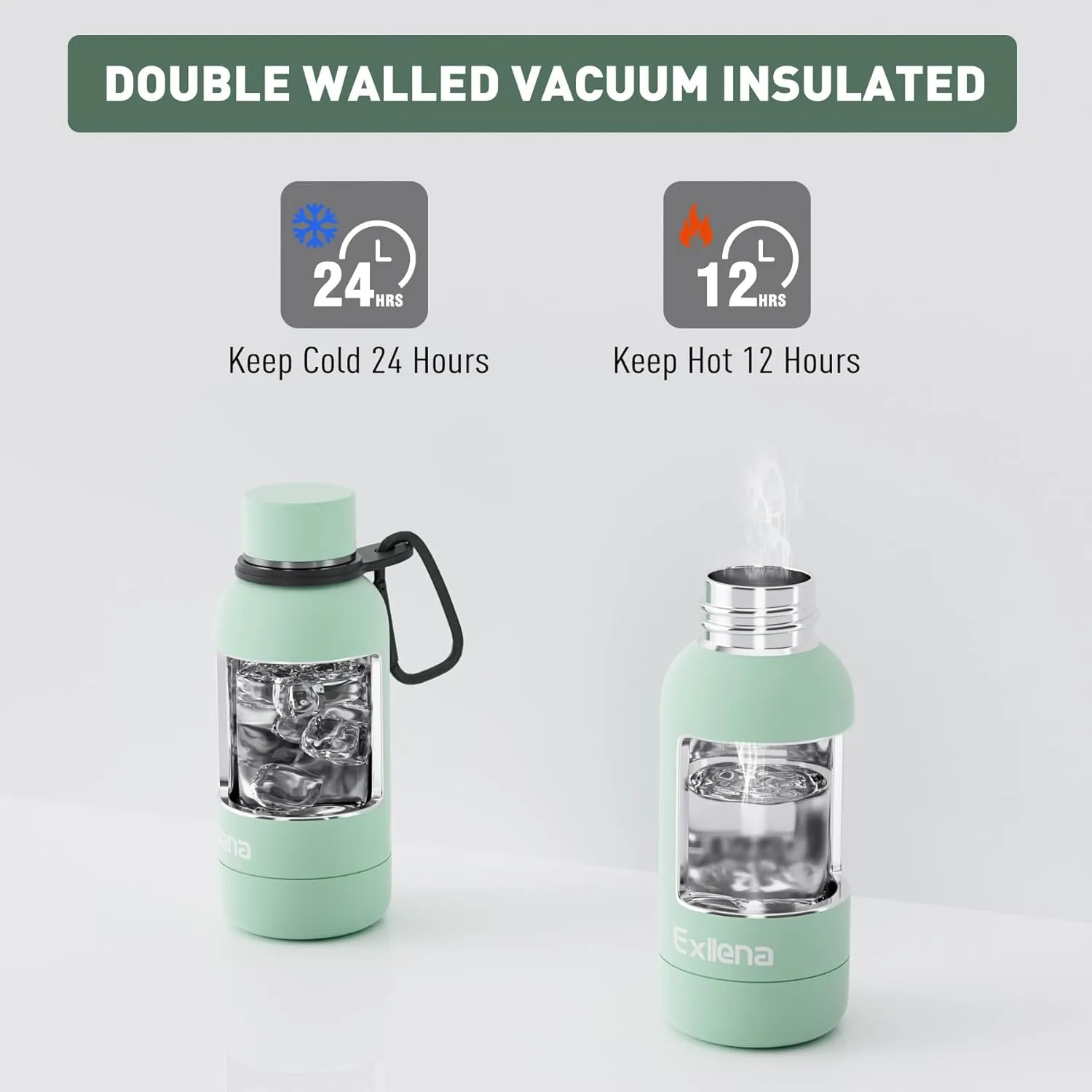 Small Water Bottle 12oz with Clip, Double Wall Stainless Steel Vacuum Small Insulated Water Bottle Keeps Drinks Cold 24 Hrs/Hot 12 Hrs for Kids Handbag School BPA Free (Mint)