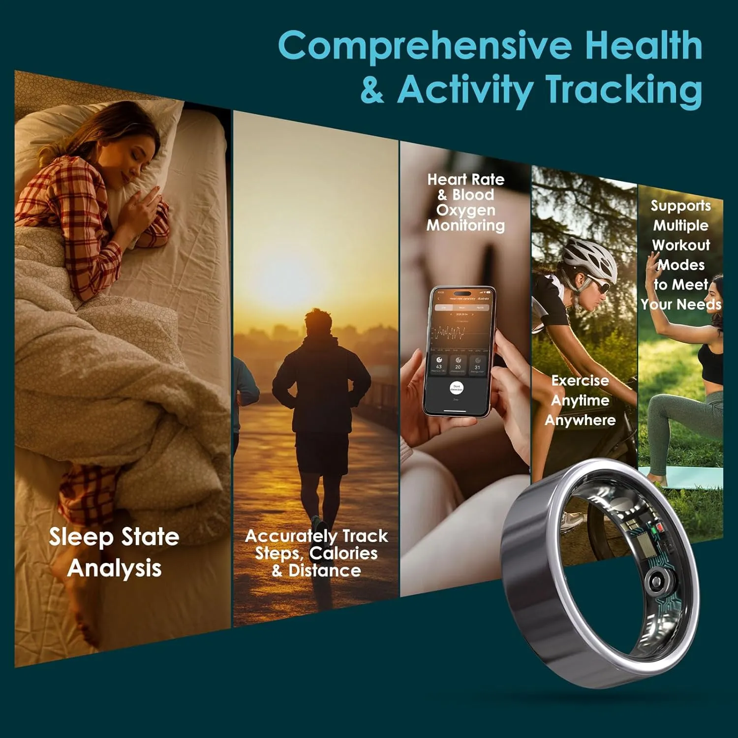 Smart Ring Health Monitoring 5ATM Waterproof Fitness Tracker with Glossy Titanium Surface Blood Oxygen/Sleep/Stress Tracking Women’s Cycle Prediction Sport Ring Compatible with iOS/Android Gold 9