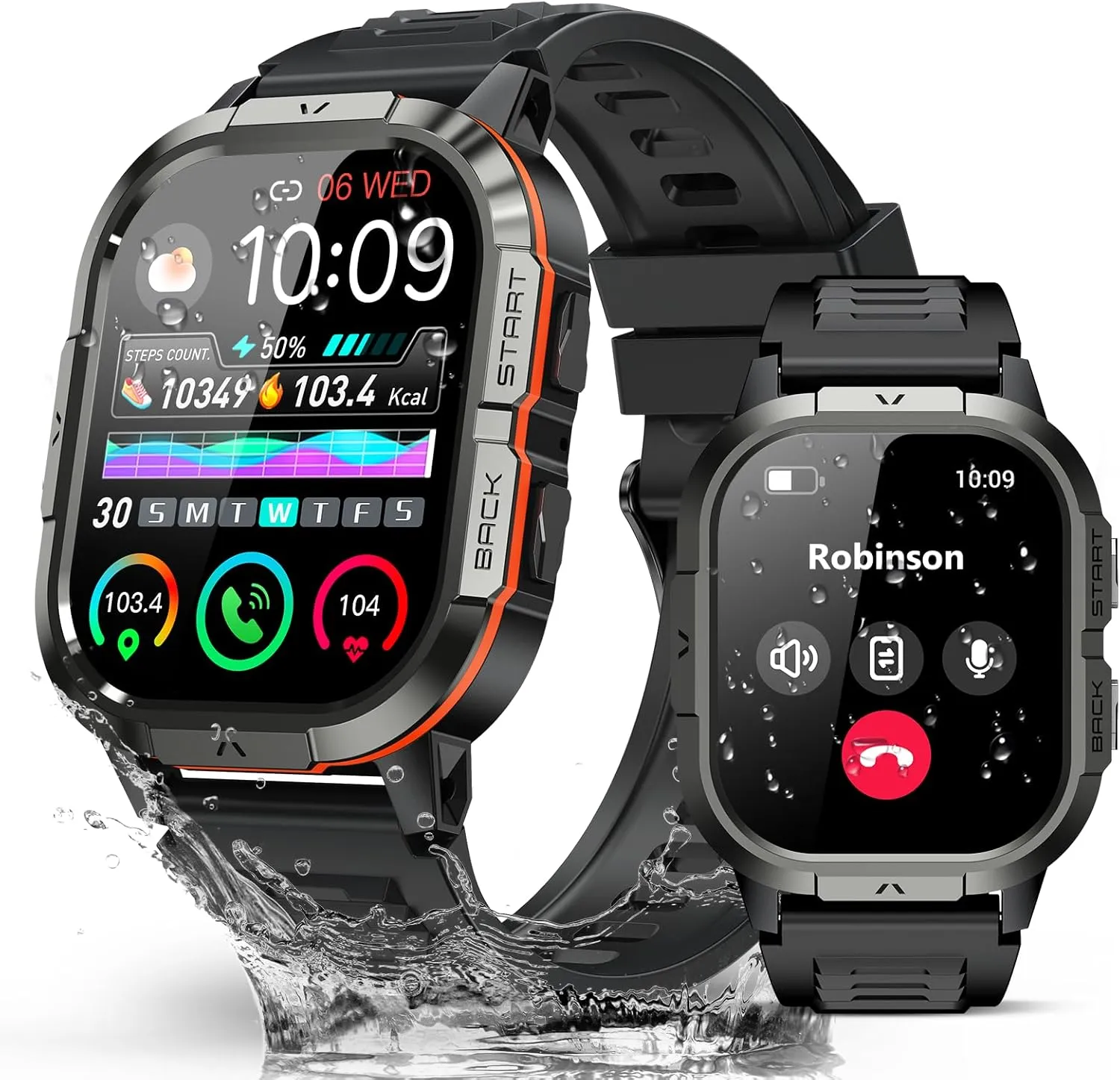 Smart Watch for Men - Make/Answer Call Military Smartwatch Mens for Android Phones iPhone Samsung Compatible, Waterproof Fitness Tracker with 110  Sport Modes, 2 Straps (Orange, 2.06)