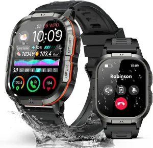 Smart Watch for Men - Make/Answer Call Military Smartwatch Mens for Android Phones iPhone Samsung Compatible, Waterproof Fitness Tracker with 110  Sport Modes, 2 Straps (Orange, 2.06)
