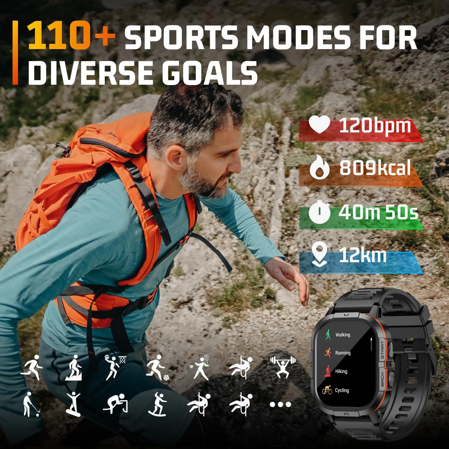 Smart Watch for Men - Make/Answer Call Military Smartwatch Mens for Android Phones iPhone Samsung Compatible, Waterproof Fitness Tracker with 110  Sport Modes, 2 Straps (Orange, 2.06)