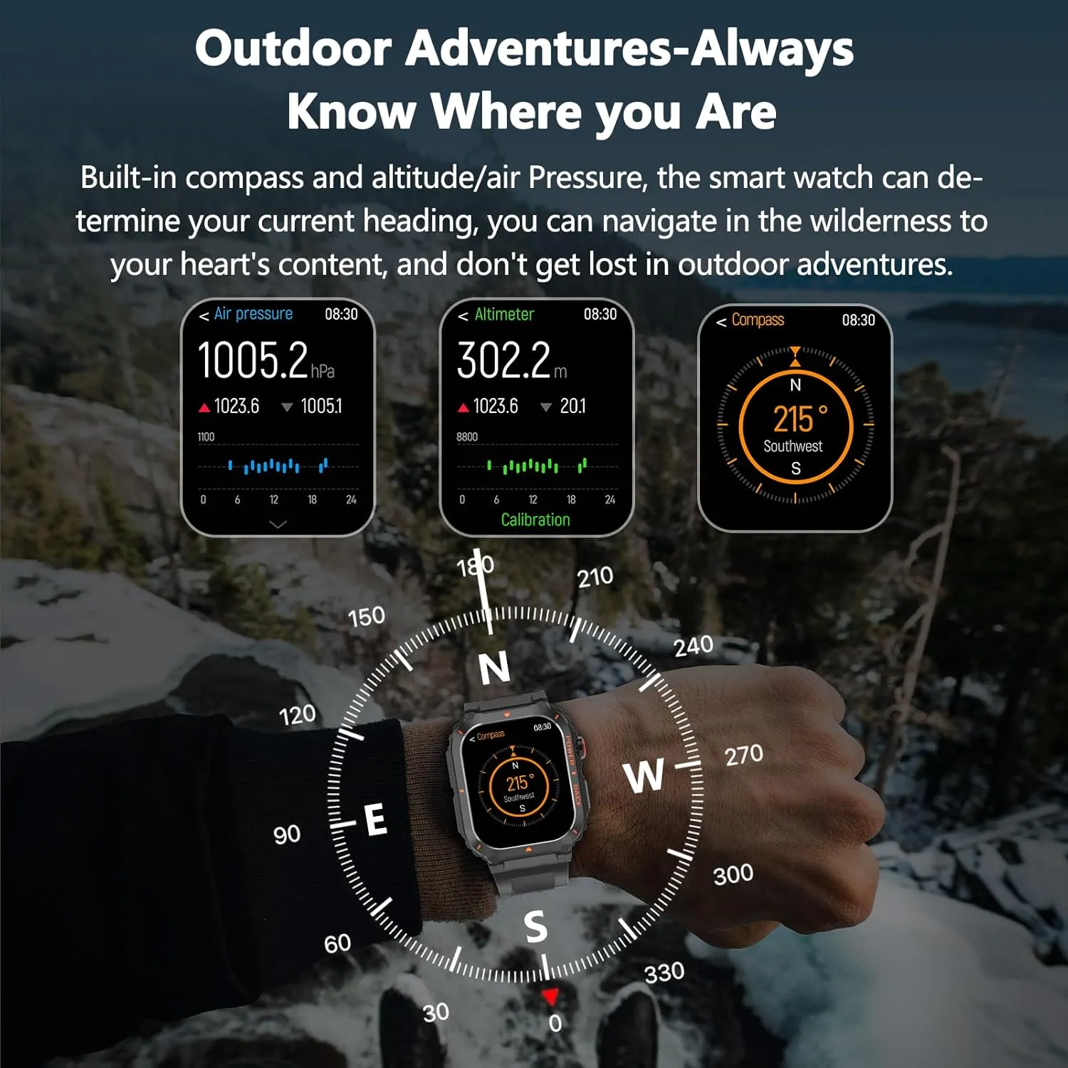Smart Watch for Men, Military GPS Smartwatches with Call/Text, Health Monitor(Heart Rate/SpO2/Sleep), Compass/Altitude/Barometer, Outdoor Fitness Tracker for iPhone/Android(with GPS, Black)