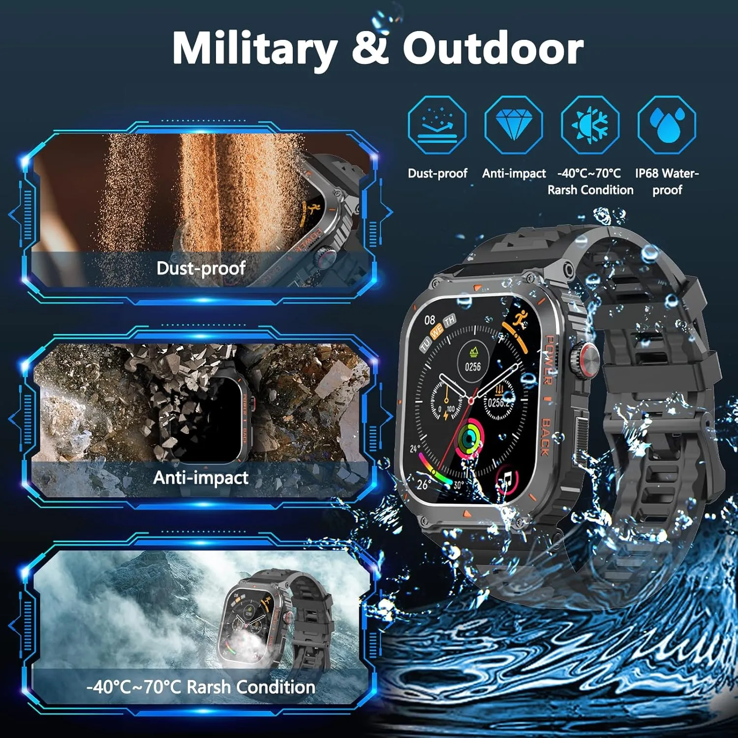 Smart Watch for Men, Military GPS Smartwatches with Call/Text, Health Monitor(Heart Rate/SpO2/Sleep), Compass/Altitude/Barometer, Outdoor Fitness Tracker for iPhone/Android(with GPS, Black)