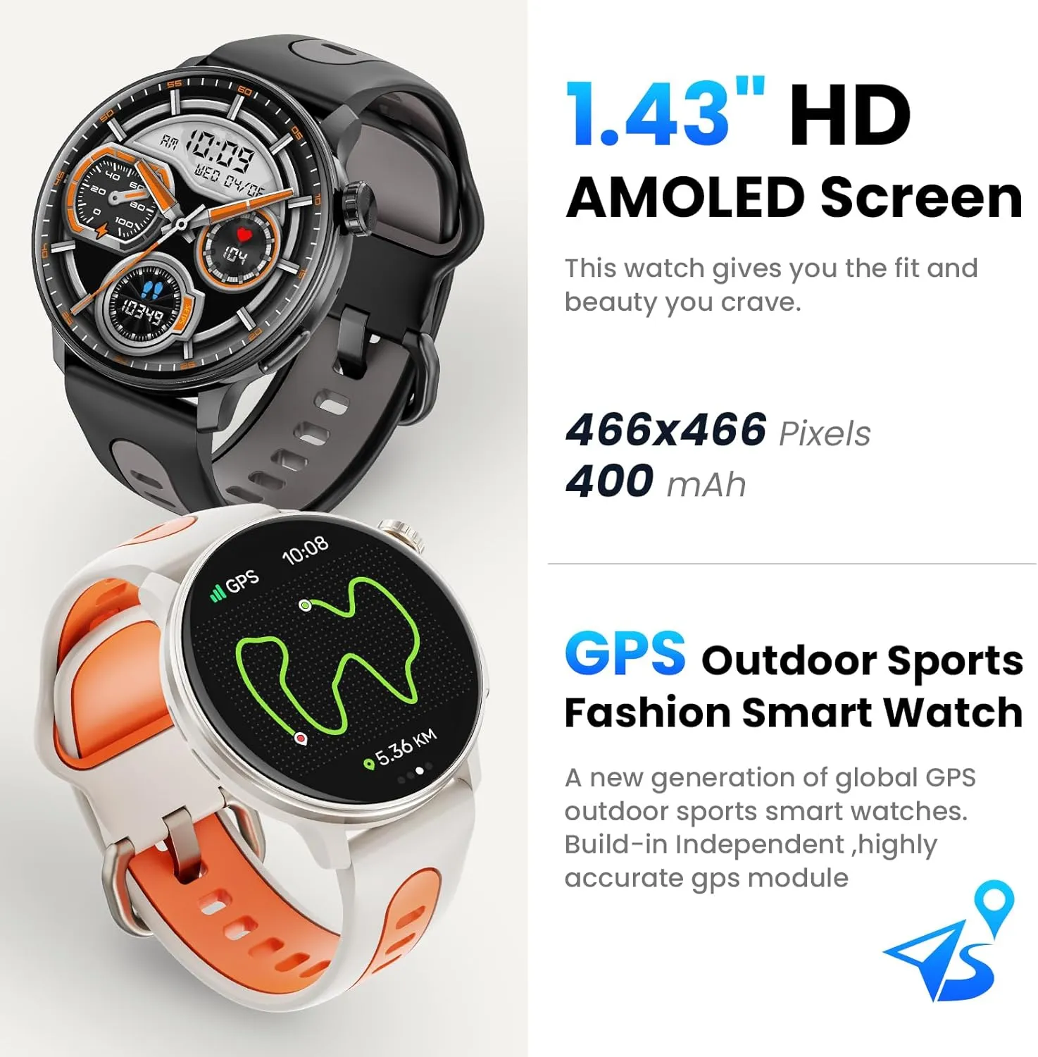 Smart Watch for Men Women GPS, 1.43'' AMOLED Smartwatch with Compass/Barometer/Altimeter 100  Sports Fitness Tracker with Health Monitor for Android iOS 3ATM Waterproof Answer/Make Call