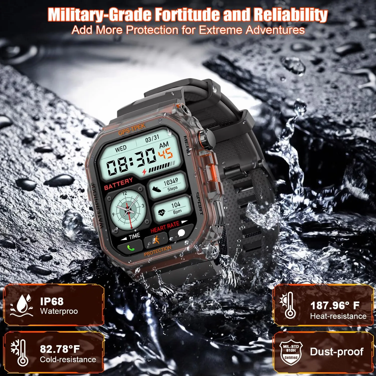 Smart Watches for Men - Military Smart Watch for Men, Fitness Watch Waterproof IP68, 24/7 Heart Rate/Sleep/Stress, Activity Trackers Compatible with Android and iOS, 100 Sport Modes (Black)