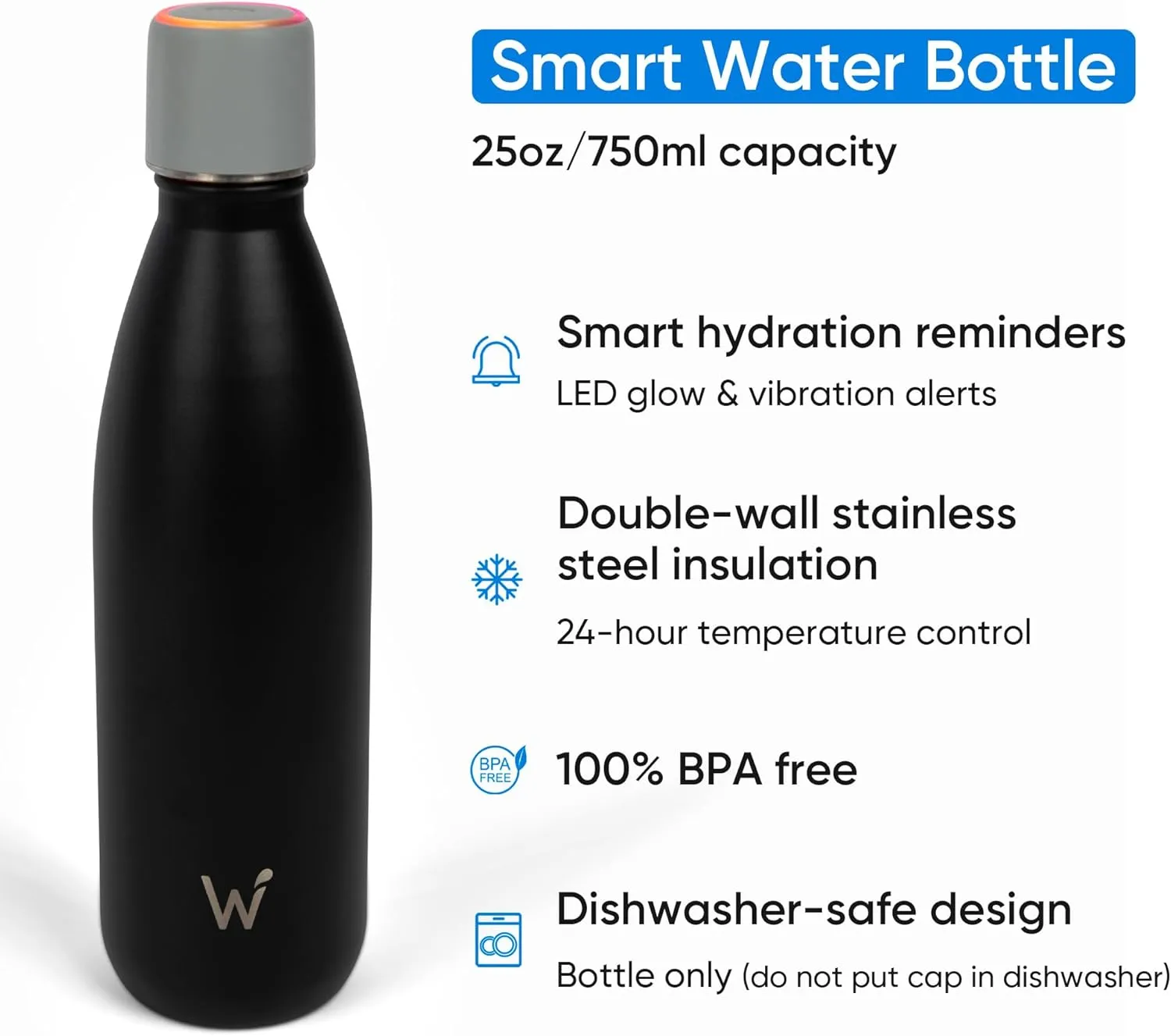 Smart Water Bottle - Stay Motivated to Drink More, Track Water Intake with Color Changing LED Reminder & Bluetooth Free App. Insulated Stainless Steel, BPA-Free 25oz.
