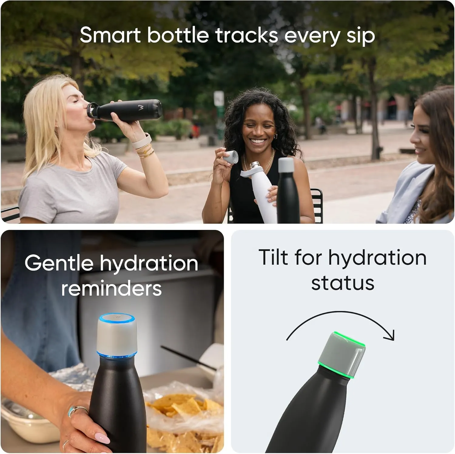 Smart Water Bottle - Stay Motivated to Drink More, Track Water Intake with Color Changing LED Reminder & Bluetooth Free App. Insulated Stainless Steel, BPA-Free 25oz.