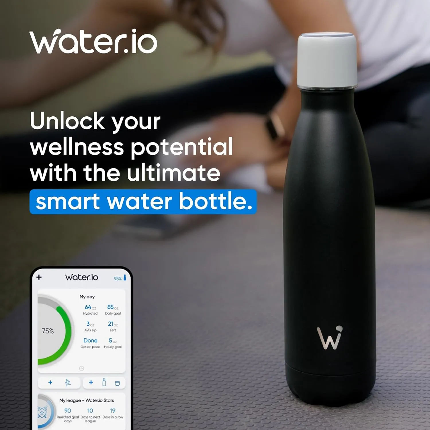Smart Water Bottle - Stay Motivated to Drink More, Track Water Intake with Color Changing LED Reminder & Bluetooth Free App. Insulated Stainless Steel, BPA-Free 25oz.