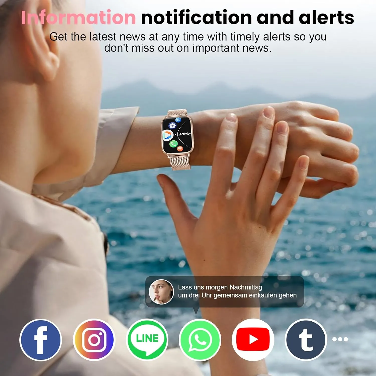 Smartwatch for Women, 1.83” Fitness Watch with Blood Pressure, Calls/Messages, Female Cycle Tracking, Heart Rate & Sleep Monitor, IP68 Waterproof for Android & iPhone (Rose Gold)