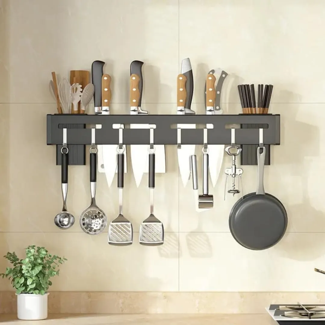 Smiledrive® Kitchen Knife Holder 60cm Wall-Mounted – Punch-Free, Space-Saving Organizer with 4 Tool Frames, 8 Hooks, and Built-in Drainage