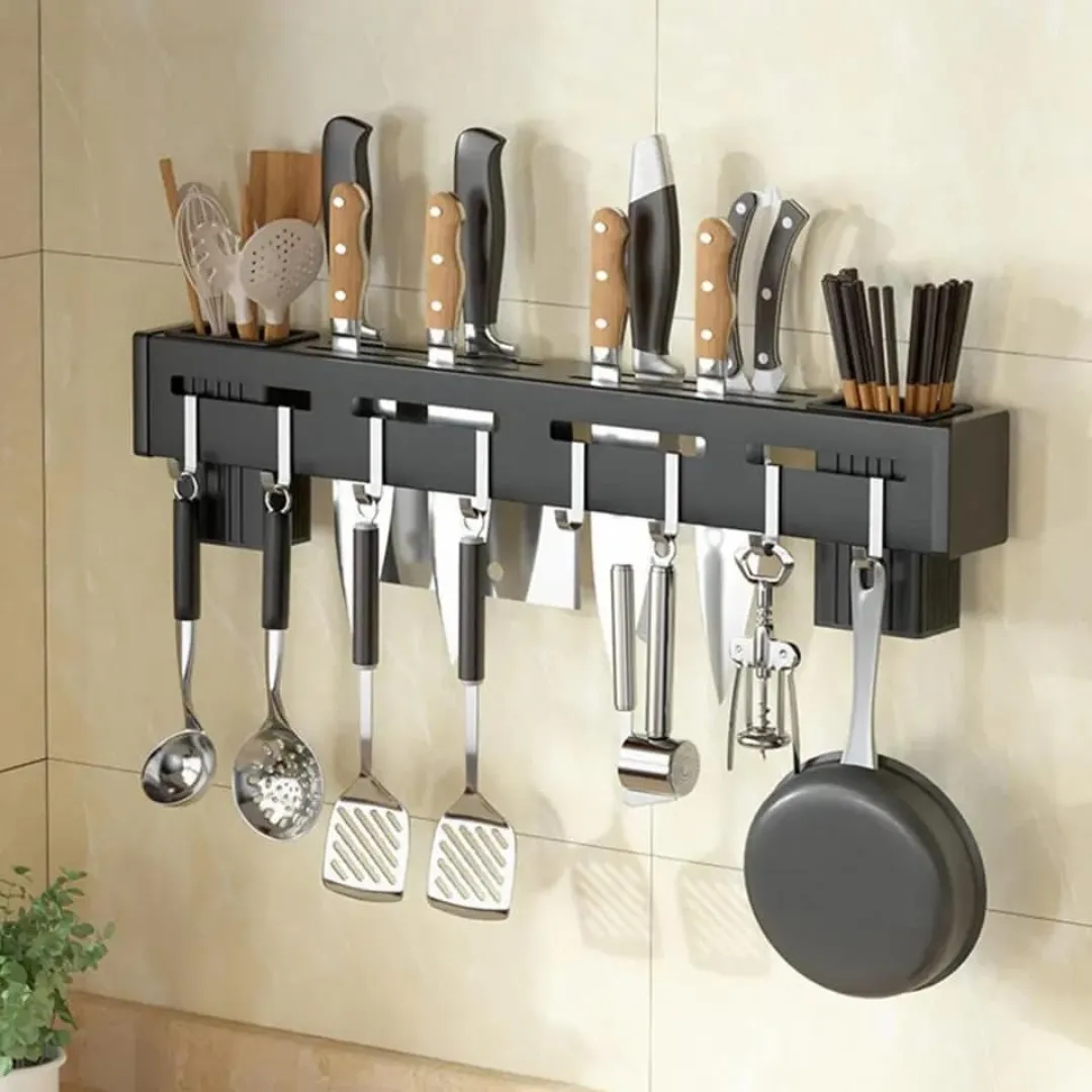 Smiledrive® Kitchen Knife Holder 60cm Wall-Mounted – Punch-Free, Space-Saving Organizer with 4 Tool Frames, 8 Hooks, and Built-in Drainage