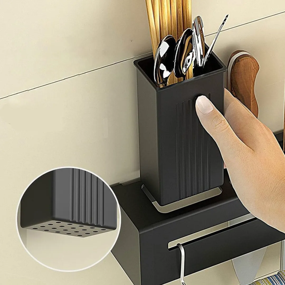 Smiledrive® Kitchen Knife Holder 60cm Wall-Mounted – Punch-Free, Space-Saving Organizer with 4 Tool Frames, 8 Hooks, and Built-in Drainage