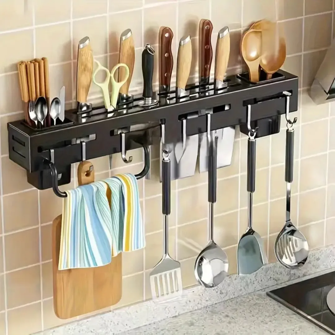 Smiledrive® Kitchen Knife Holder 60cm Wall-Mounted – Punch-Free, Space-Saving Organizer with 4 Tool Frames, 8 Hooks, and Built-in Drainage