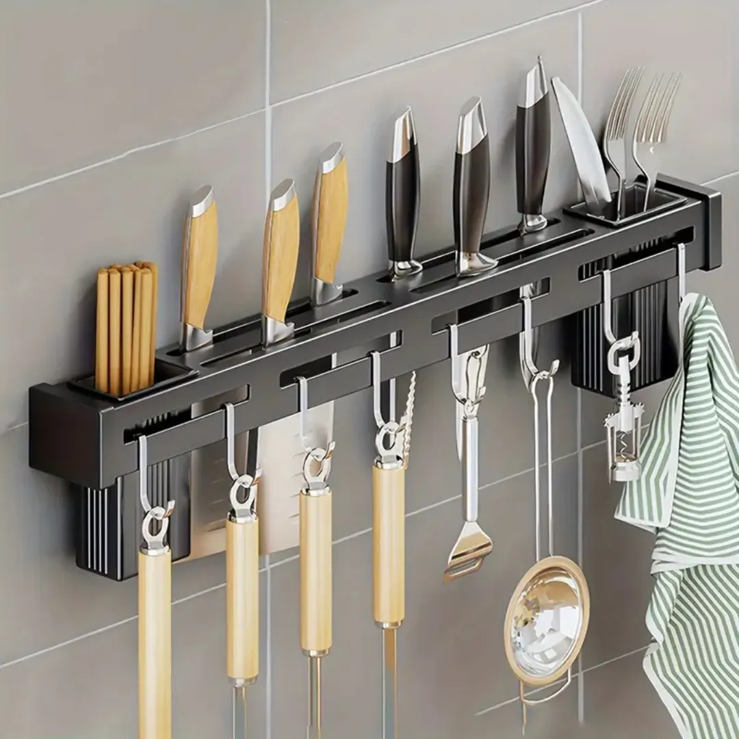 Smiledrive® Kitchen Knife Holder 60cm Wall-Mounted – Punch-Free, Space-Saving Organizer with 4 Tool Frames, 8 Hooks, and Built-in Drainage