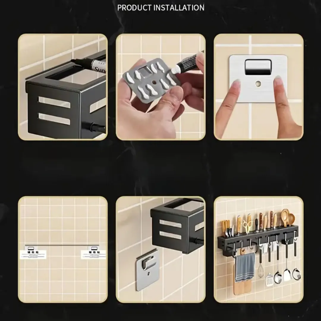 Smiledrive® Kitchen Knife Holder 60cm Wall-Mounted – Punch-Free, Space-Saving Organizer with 4 Tool Frames, 8 Hooks, and Built-in Drainage