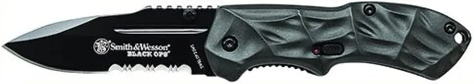 Smith & Wesson Black Ops SWBLOP3SMS 5.8in S.S. Assisted Opening Knife with 2.5in Serrated Drop Point and Aluminum Handle for Tactical, Survival and EDC