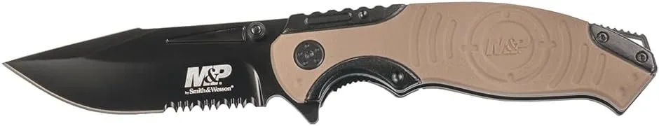 Smith & Wesson M&P SWMP13GLS 8.2in High Carbon S.S. Folding Knife with 3.5in Serrated Clip Point Blade and Aluminum Handle for Outdoor, Tactical, Survival and EDC
