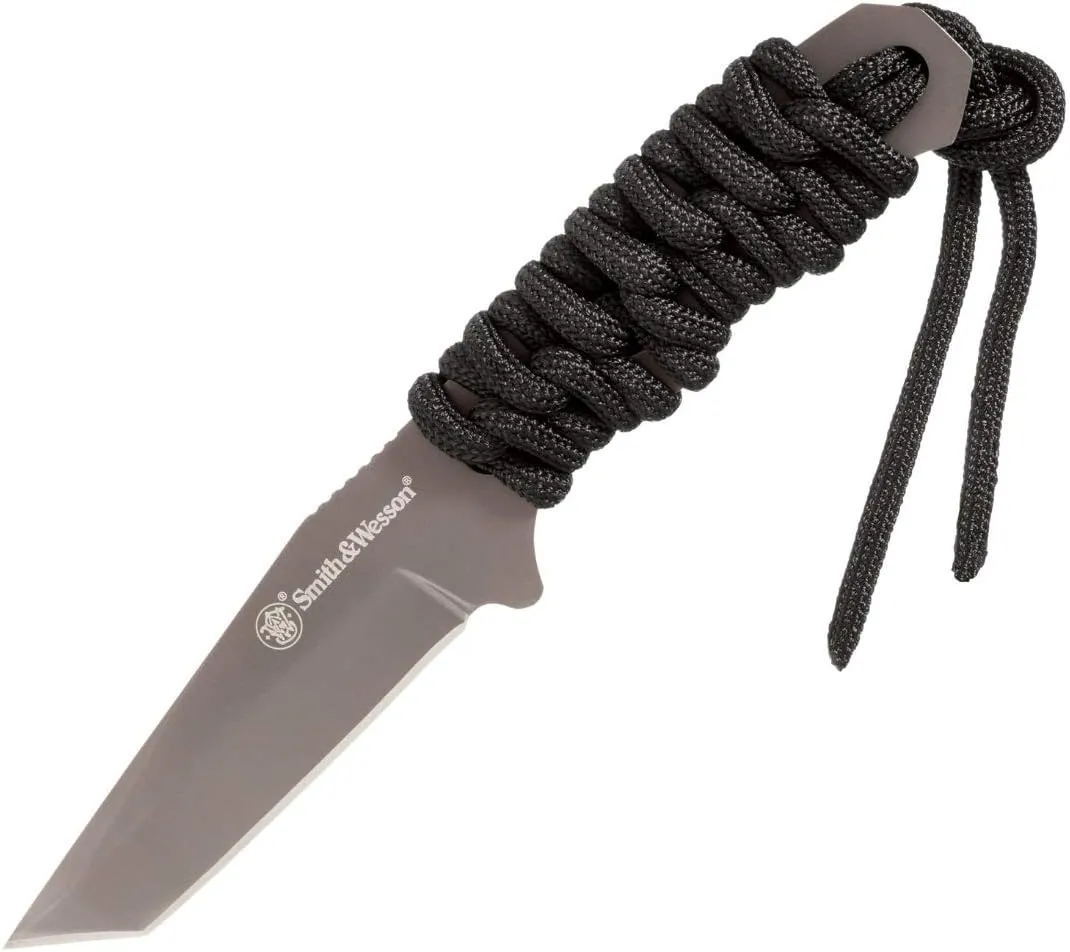 Smith & Wesson SW910TAM 5.9in High Carbon S.S. Full Tang Neck Knife with a 2.8in Tanto Blade and Paracord Handle for Outdoor, Tactical, Survival and EDC,Black