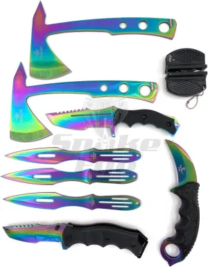 Snake Eye 6pc Tactical Set Full Tang Fixed Blade Knife Assisted Pocket Knife Folding Knife Tomahawk Throwing Axe 3pc Throwing Knives Gift Set (Rainbow)