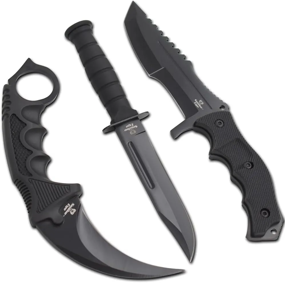 Snake Eye Tactical Triple Set - Karambit,Mini Huntsman Hunting Knife - Outdoors Hunting Camping Fishing (Black)