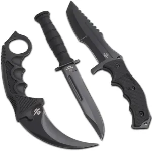 Snake Eye Tactical Triple Set - Karambit,Mini Huntsman Hunting Knife - Outdoors Hunting Camping Fishing (Black)