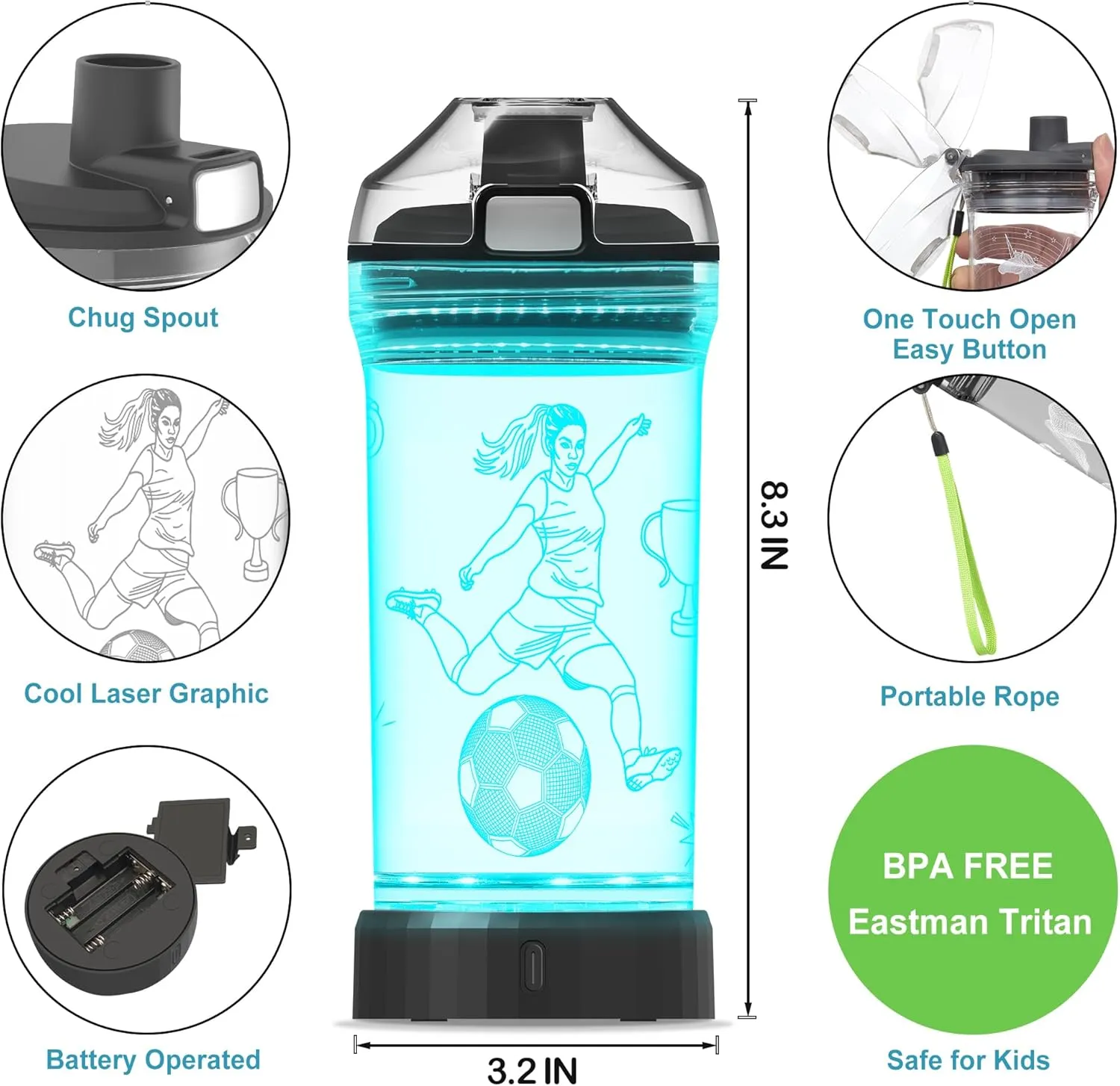 Soccer Gifts for Girls, Light Up Kids Water Bottle,Soccer Accessories for Girls Sport Cup with 3D Glowing LED Light - 14 OZ Tritan BPA-Free - Gifts for School, Camping, and Holidays