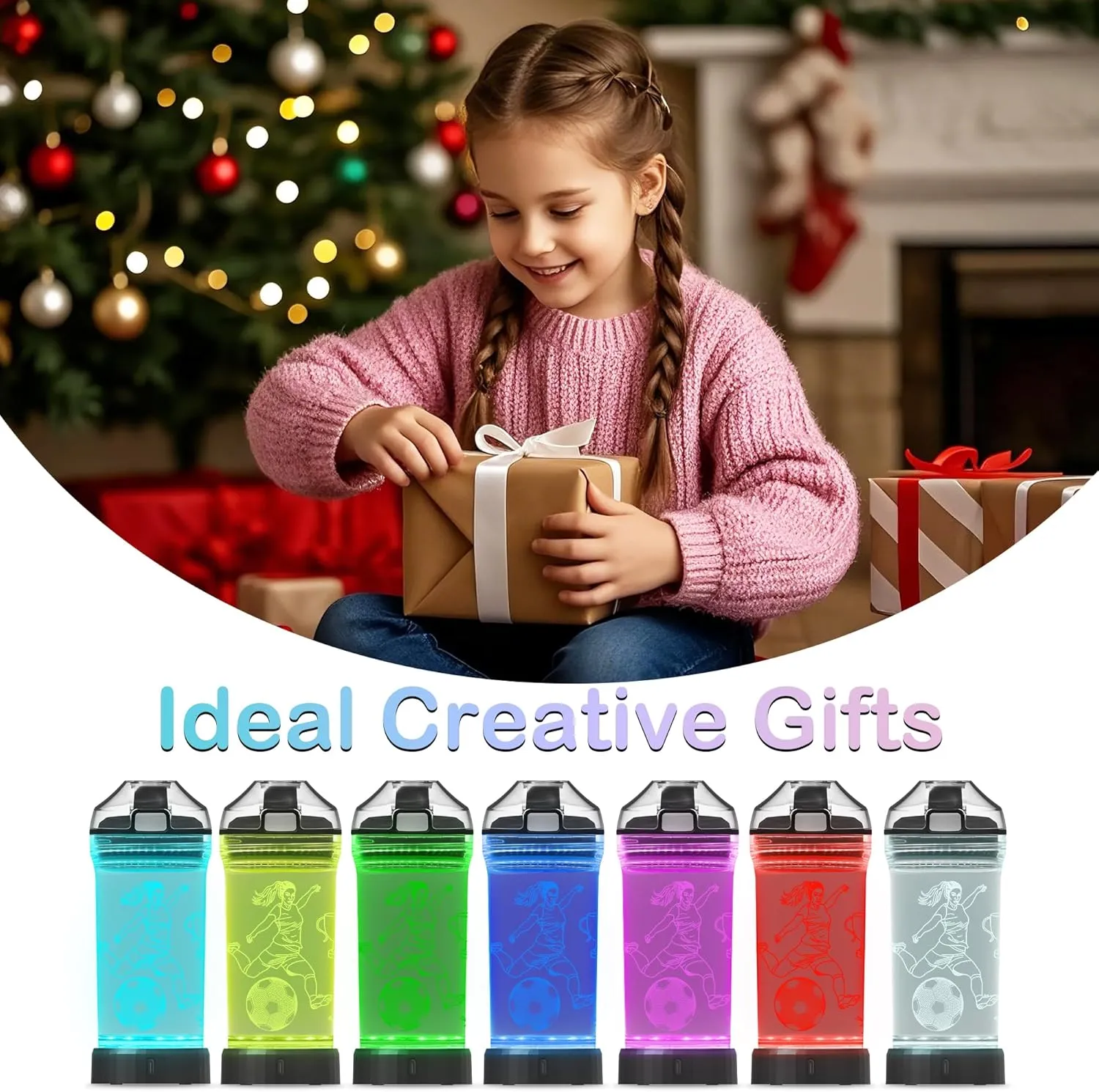 Soccer Gifts for Girls, Light Up Kids Water Bottle,Soccer Accessories for Girls Sport Cup with 3D Glowing LED Light - 14 OZ Tritan BPA-Free - Gifts for School, Camping, and Holidays