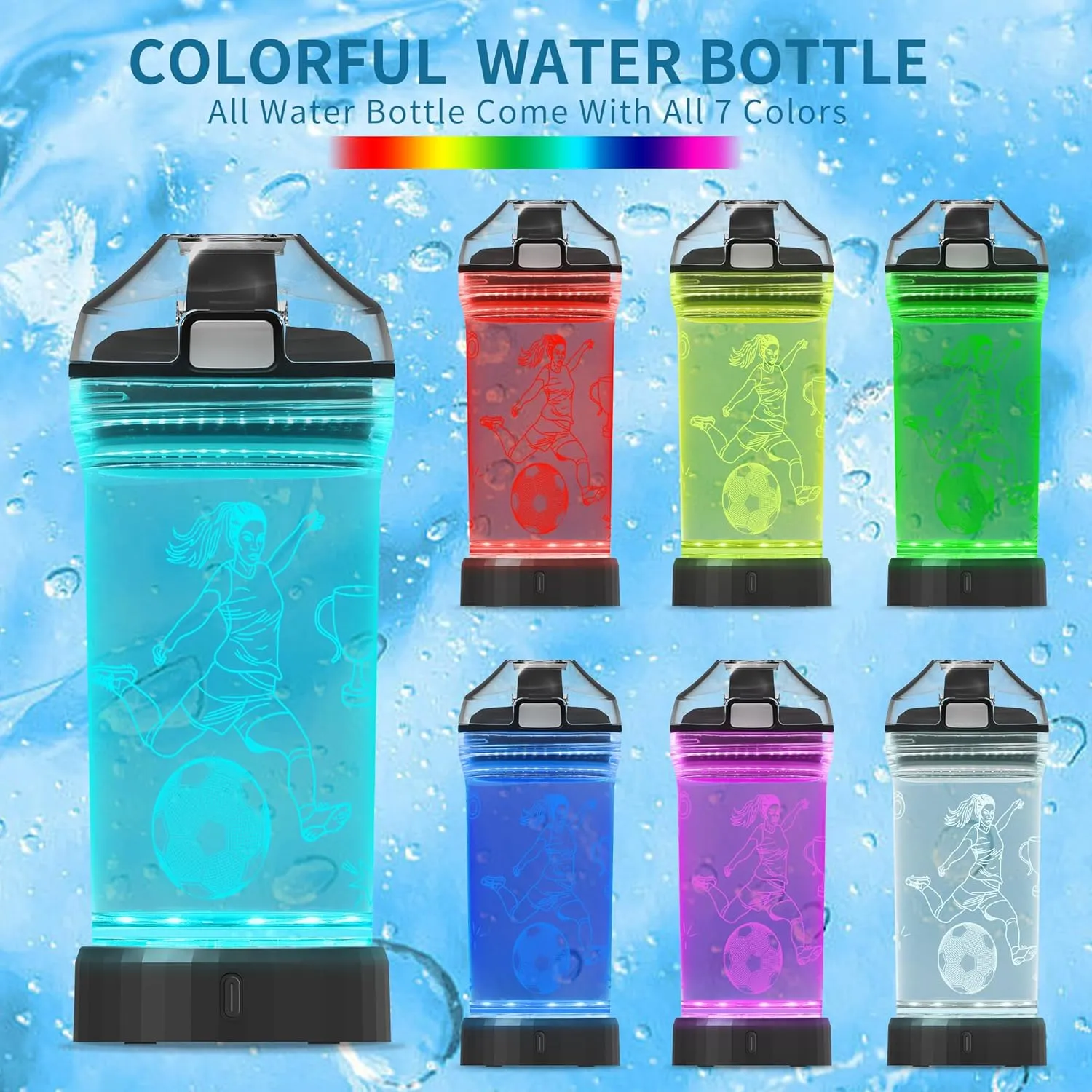 Soccer Gifts for Girls, Light Up Kids Water Bottle,Soccer Accessories for Girls Sport Cup with 3D Glowing LED Light - 14 OZ Tritan BPA-Free - Gifts for School, Camping, and Holidays