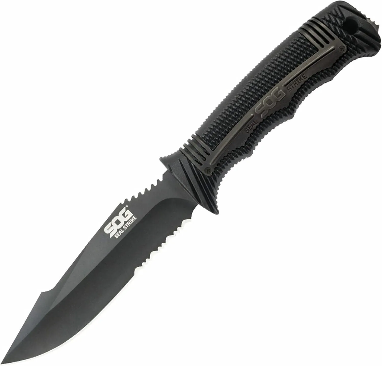 SOG Seal Strike Fixed Blade Knife with Sheath- Tactical and Hunting Knife with 4.9 Inch Partially Serrated Bowie Knife Blade and Survival Knife Line Cutter (SS1003-CP)