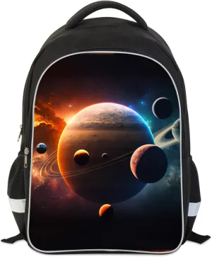 Solar System Planets Stars Space Kids Backpack, Galaxy School Bookbag for Boys Girls, Polyester, 17 Inches Back Pack, Giftable, Side Pockets, Tablet Compartment