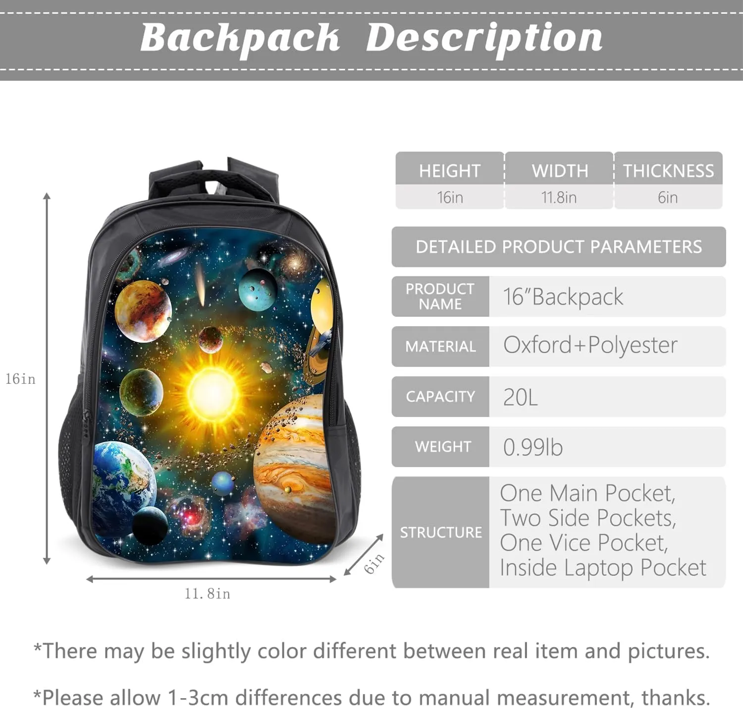 Space Backpack Solar Kids Bookbag 16inch Schoolbag With Lunch Box Bag And Pencil Case Set For Boys Girls