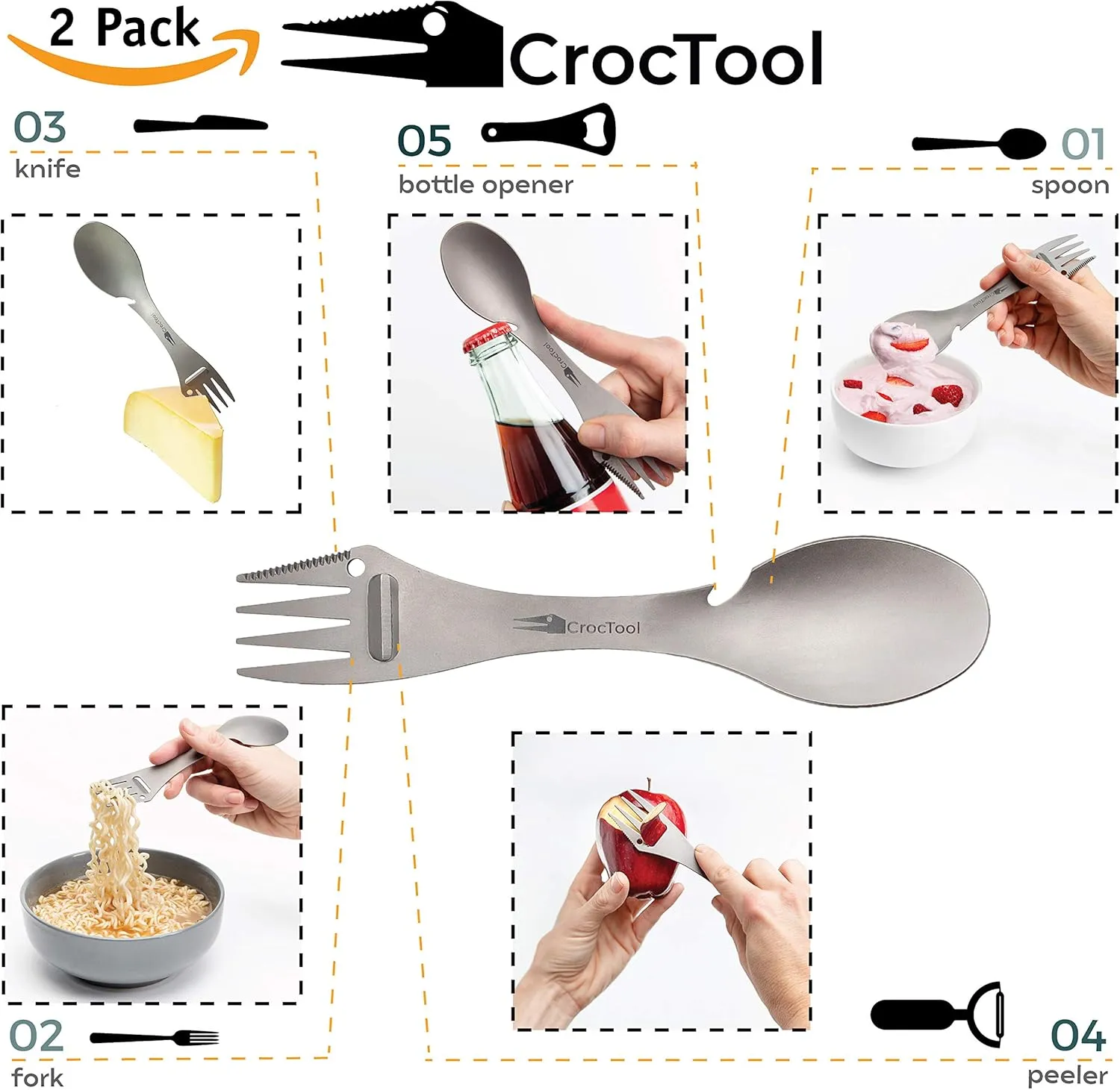 Spork Ultra Lightweight and Strong 5 in 1 Camping Utensil Set-Spoon Fork Knife Peeler Bottle Opener Bag Carry case. Ideal for Outdoors, Home or Office