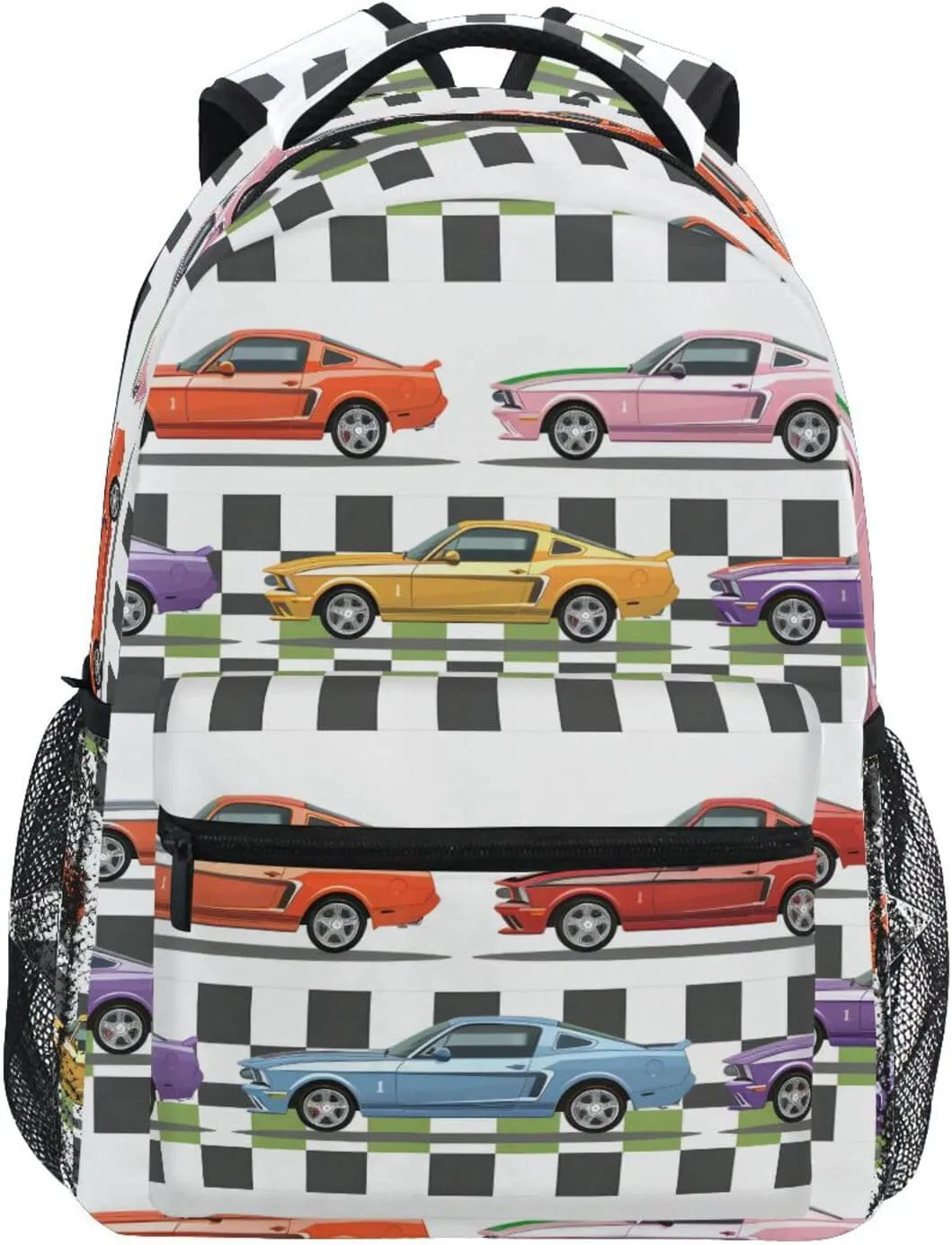 Sports Cars Checkered Pattern Backpack 3rd 4th 5th Grade School Bookbag Travel Laptop Daypack Bag Purse for Boys Girls Teens