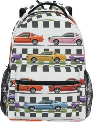 Sports Cars Checkered Pattern Backpack 3rd 4th 5th Grade School Bookbag Travel Laptop Daypack Bag Purse for Boys Girls Teens