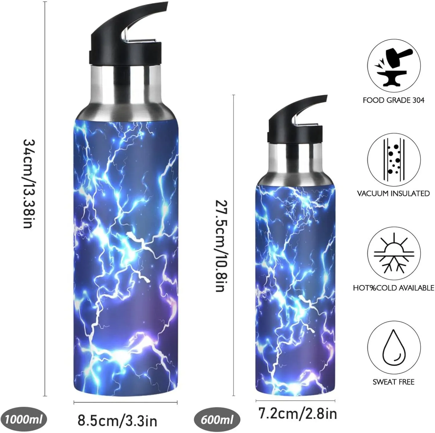 Sports Water Bottle for kids- BPA Free Leakproof Vacuum Abstract Insulated Stainless Steel Water Jug, Thermo Bottle with Straw Lid for School Boys Girls,Gym, Outdoor,Blue Electric Lightning