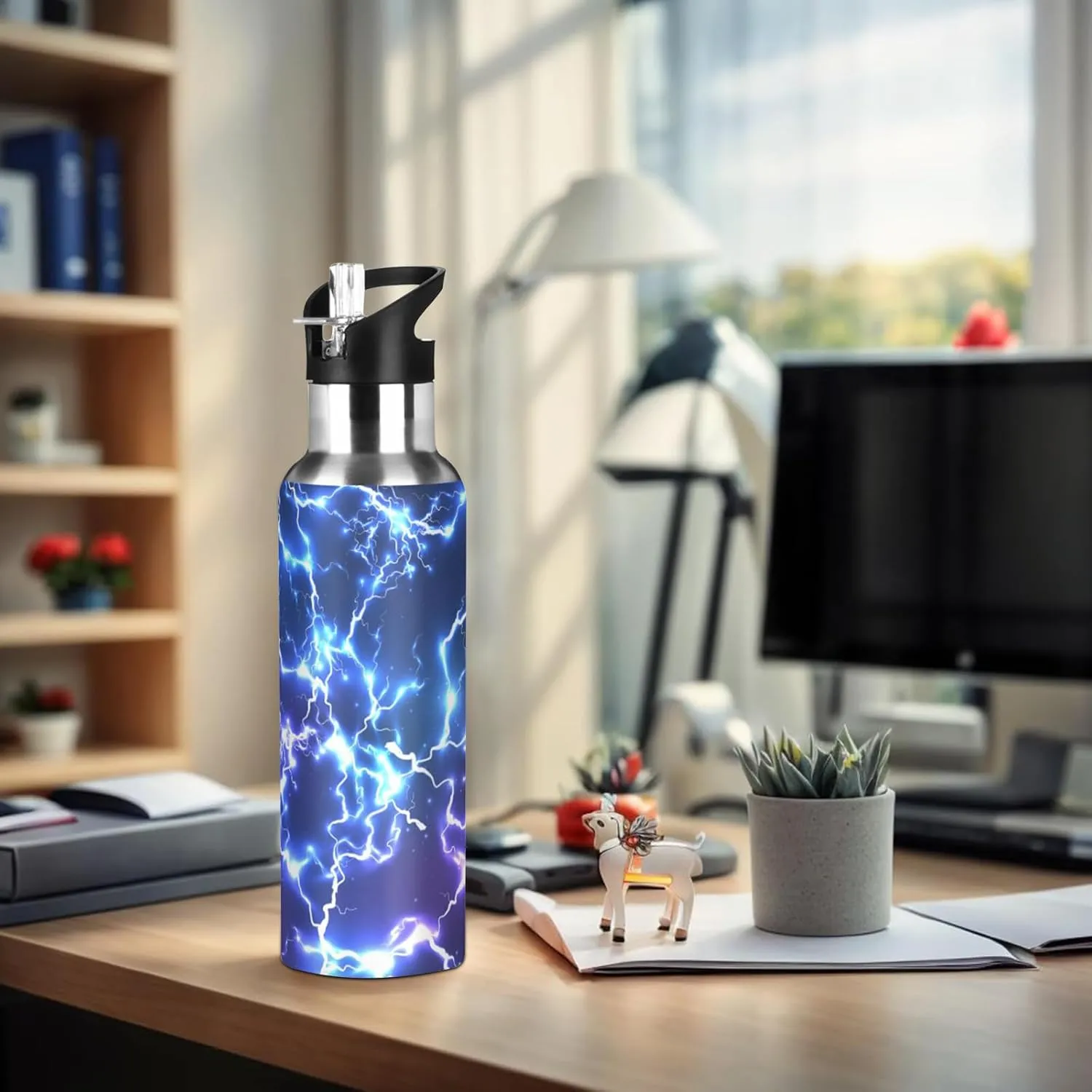 Sports Water Bottle for kids- BPA Free Leakproof Vacuum Abstract Insulated Stainless Steel Water Jug, Thermo Bottle with Straw Lid for School Boys Girls,Gym, Outdoor,Blue Electric Lightning