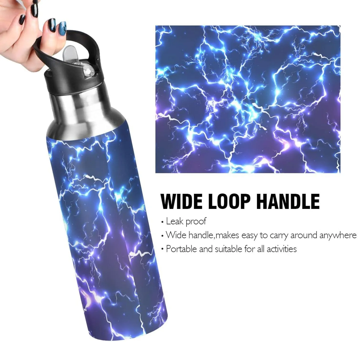 Sports Water Bottle for kids- BPA Free Leakproof Vacuum Abstract Insulated Stainless Steel Water Jug, Thermo Bottle with Straw Lid for School Boys Girls,Gym, Outdoor,Blue Electric Lightning