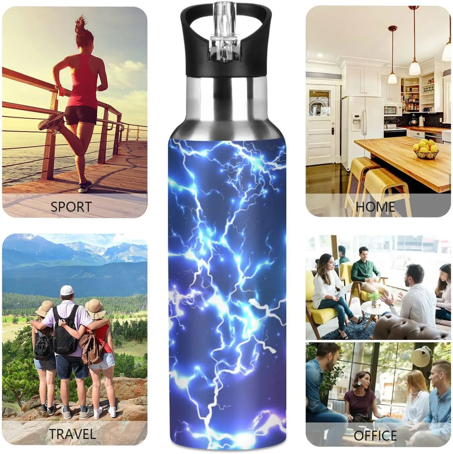 Sports Water Bottle for kids- BPA Free Leakproof Vacuum Abstract Insulated Stainless Steel Water Jug, Thermo Bottle with Straw Lid for School Boys Girls,Gym, Outdoor,Blue Electric Lightning