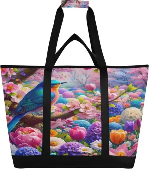 Spring Flower Bird Reusable Insulated Lunchbox Cooler Bag, Leakproof Kitchen Grocery Bag Collapsible Portable Cooler Tote Bag for Picnic, Camping, Office, Travel