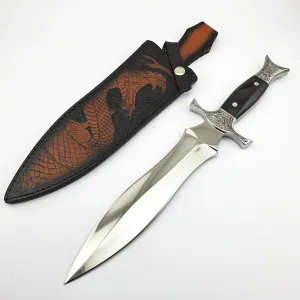 Stainless Steel 440C Hand Engraved Dagger Knife with Leather Sheath