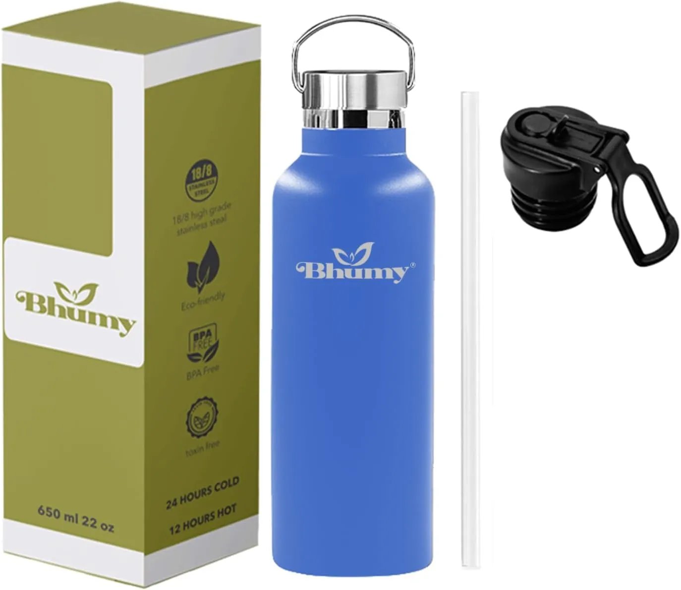 Stainless Steel Water Bottles – 22oz Double Wall Stainless Steel Insulated Water Bottle – Water Bottle with Straw and 2 Caps – Leakproof Sports Water Bottle for Gym, Office, Travel