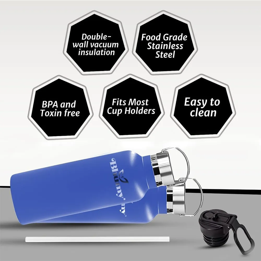 Stainless Steel Water Bottles – 22oz Double Wall Stainless Steel Insulated Water Bottle – Water Bottle with Straw and 2 Caps – Leakproof Sports Water Bottle for Gym, Office, Travel